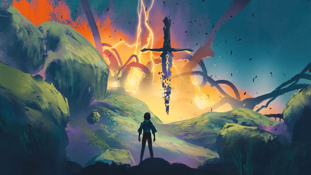 warrior,looking,up,at,a,huge,shattered,sword,floating,in