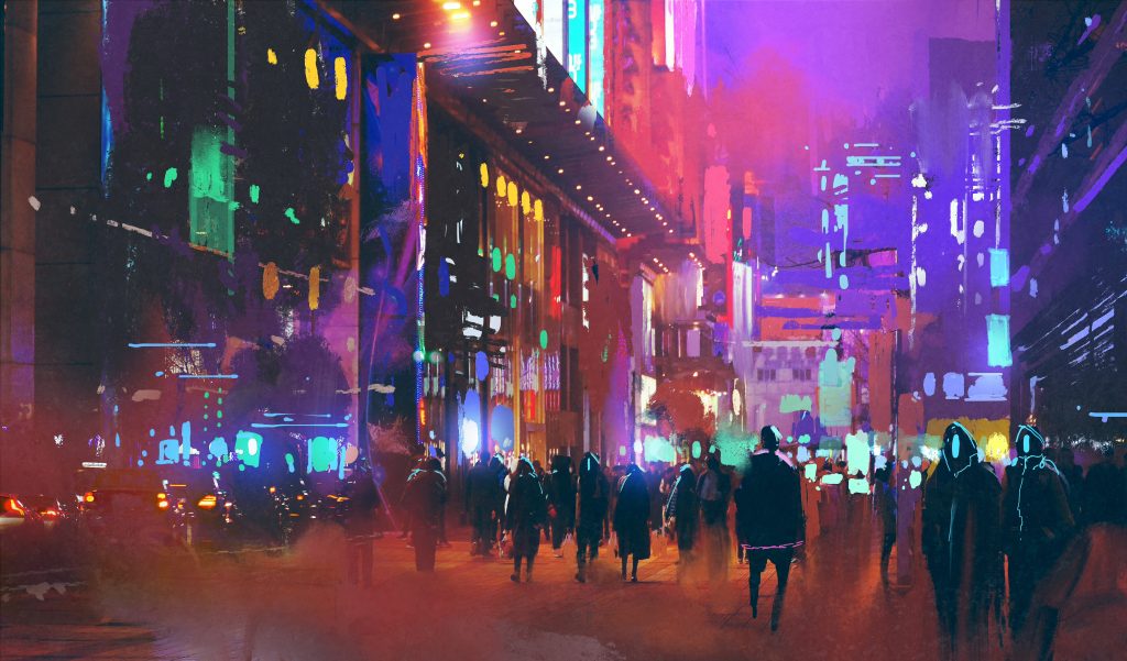 people,walking,in,the,sci fi,city,at,night,with,colorful
