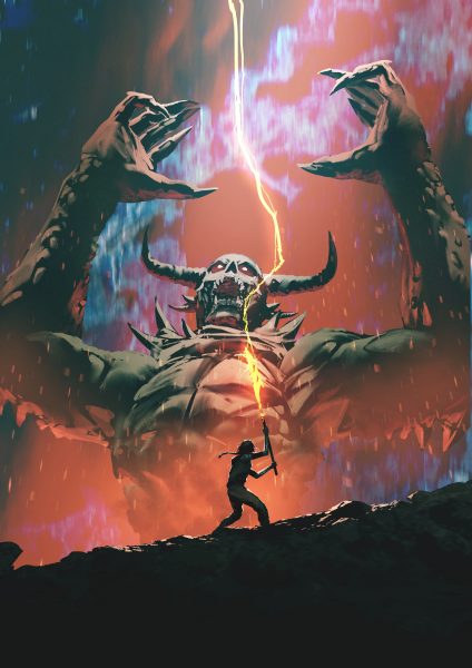 a,female,warrior,wields,a,lightning charged,weapon,,confronting,a,massive